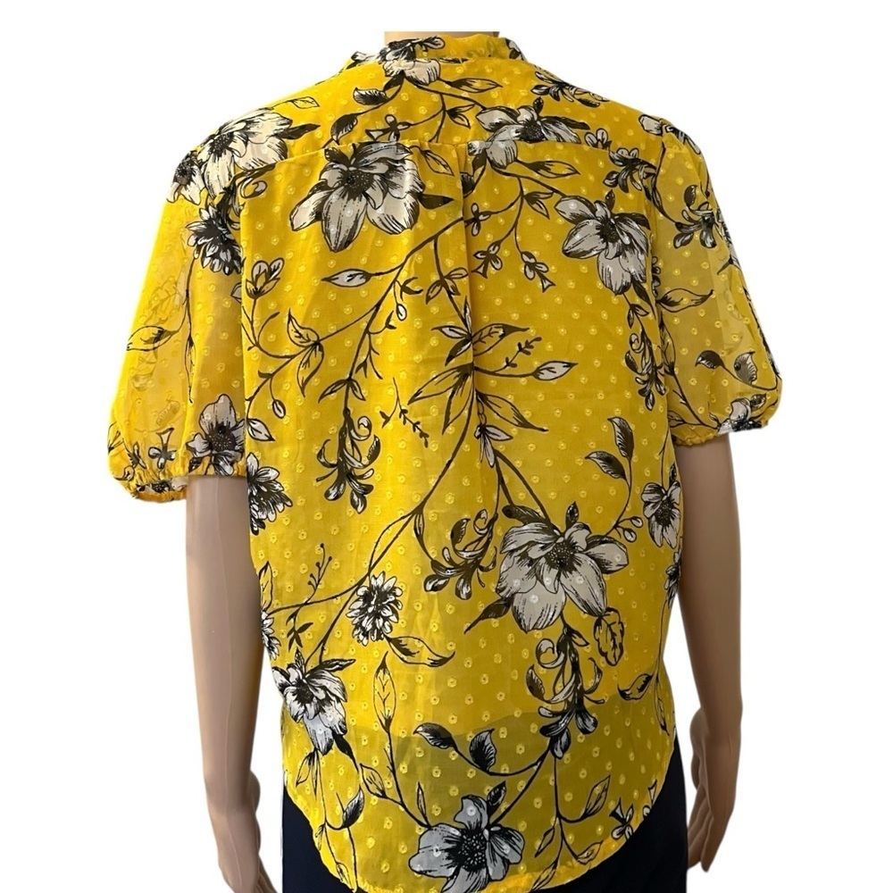 Retrology retro floral yellow blouse Women PL rushed short sleeves V- neck bow - Picture 5 of 16
